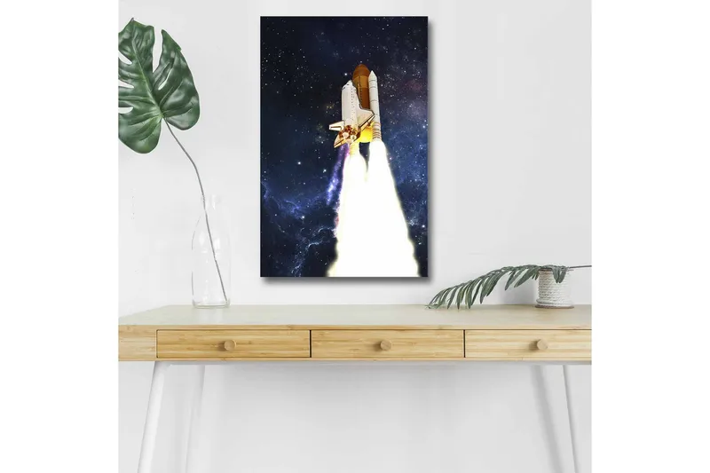 Canvastavla med LED-belysning - Rymdraket som lyfter mot stjärnorna, Mörkblå / Vit / Orange