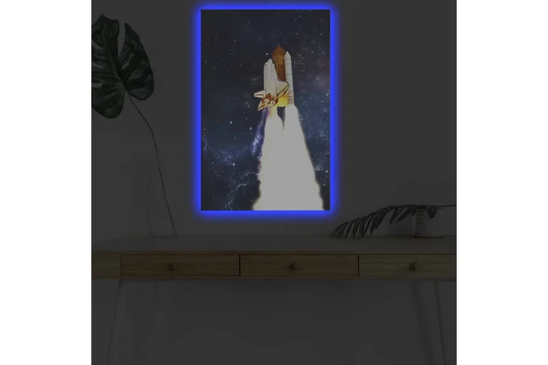 Canvastavla med LED-belysning - Rymdraket som lyfter mot stjärnorna - Mörkblå / Vit / Orange - Inredning & dekor - Tavlor & konst - Canvastavla
