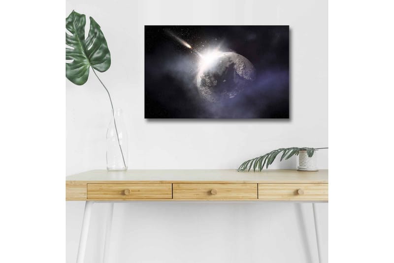 Canvastavla med LED-belysning - Rymdscen med en planet och en komet som passerar - Mörkblå / Grå / Vit - Inredning & dekor - Tavlor & konst - Canvastavla