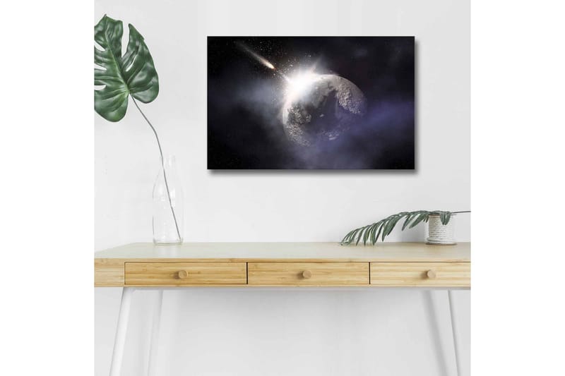 Canvastavla med LED-belysning - Rymdscen med en planet och en komet som passerar - Mörkblå / Grå / Vit - Inredning & dekor - Tavlor & konst - Canvastavla