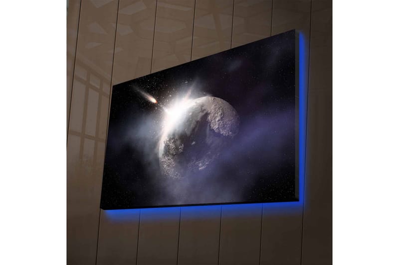 Canvastavla med LED-belysning - Rymdscen med en planet och en komet som passerar - Mörkblå / Grå / Vit - Inredning & dekor - Tavlor & konst - Canvastavla