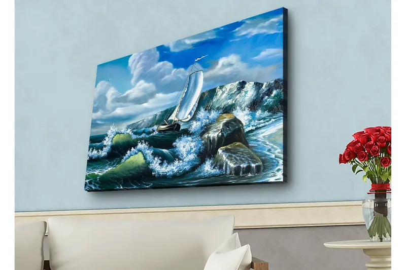 Canvastavla med LED-belysning - Segelbåt som kämpar mot kraftiga vågor, Blå / Grön / Vit