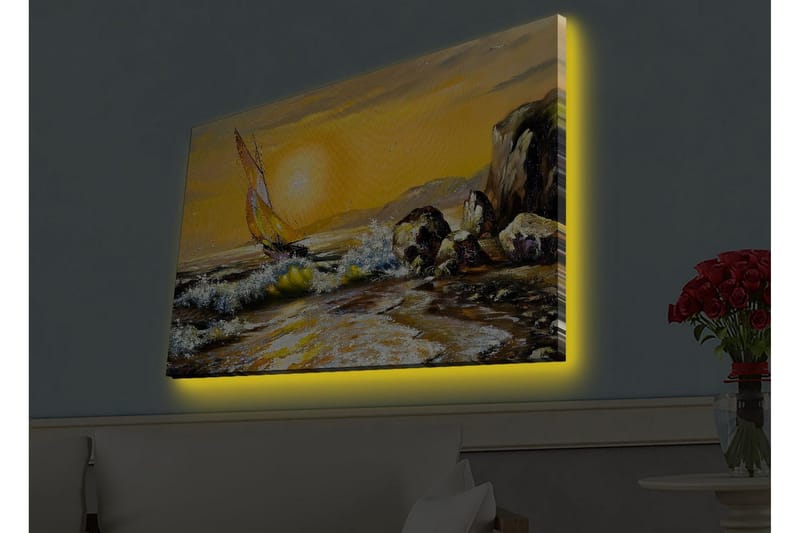 Canvastavla med LED-belysning - Segelbåt på en gyllene havshorisont - Guld / Blå / Grön - Inredning & dekor - Tavlor & konst - Canvastavla