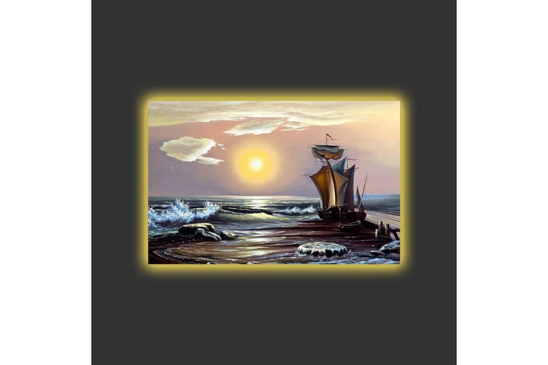 Canvastavla med LED-belysning - Segelbåt på en solig havsstrand med vågor och klippor - Blå / Orange / Brun - Inredning & dekor - Tavlor & konst - Canvastavla