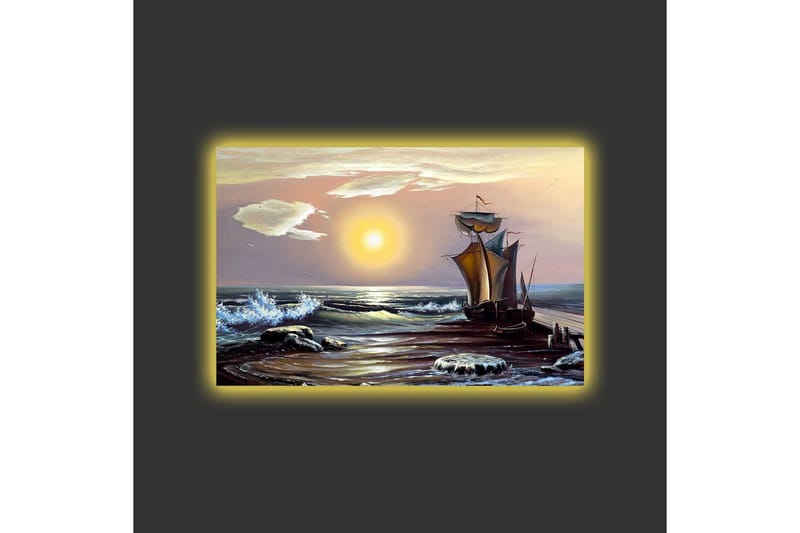 Canvastavla med LED-belysning - Segelbåt på en solig havsstrand med vågor och klippor - Blå / Orange / Brun - Inredning & dekor - Tavlor & konst - Canvastavla