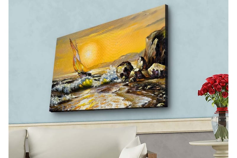 Canvastavla med LED-belysning - Segelbåt på en gyllene havshorisont, Guld / Bl å / Grön