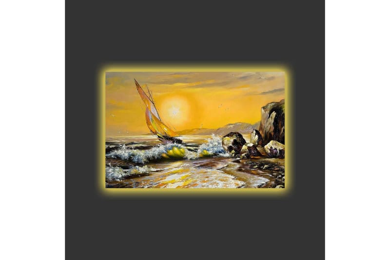Canvastavla med LED-belysning - Segelbåt på en gyllene havshorisont - Guld / Blå / Grön - Inredning & dekor - Tavlor & konst - Canvastavla
