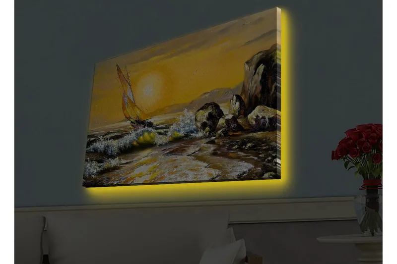 Canvastavla med LED-belysning - Segelbåt på en gyllene havshorisont - Guld / Blå / Grön - Inredning & dekor - Tavlor & konst - Canvastavla