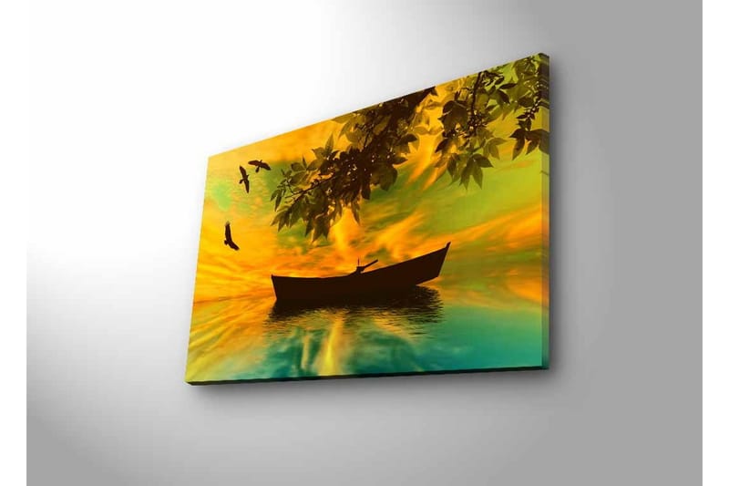 Canvastavla med LED-belysning - Silhuett av en båt på spegelblanka vatten med en färgsprakande solnedgång - Gult / Grönt / Svart - Inredning & dekor - Tavlor & konst - Canvastavla