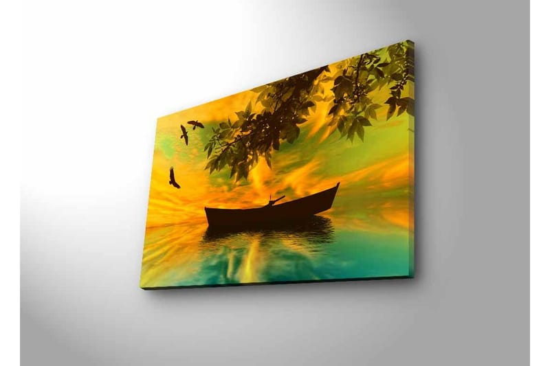 Canvastavla med LED-belysning - Silhuett av en båt på spegelblanka vatten med en färgsprakande solnedgång - Gult / Grönt / Svart - Inredning & dekor - Tavlor & konst - Canvastavla