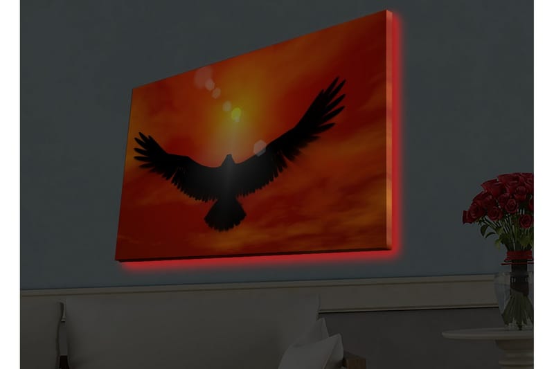 Canvastavla med LED-belysning - Silhuett av en örn som flyger mot en solnedgång i starka färger - Röd / Svart / Orange - Inredning & dekor - Tavlor & konst - Canvastavla