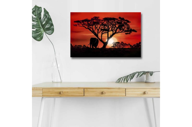 Canvastavla med LED-belysning - Silhuett av ett träd med en elefant i solnedgångens ljus - Röd / Svart / Orange - Inredning & dekor - Tavlor & konst - Canvastavla