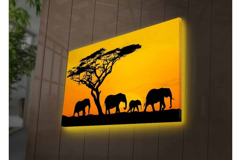 Canvastavla med LED-belysning - Silhuetter av elefanter under en solnedgång med ett träd i bakgrunden - Svart / Orange / Gul - Inredning & dekor - Tavlor & konst - Canvastavla