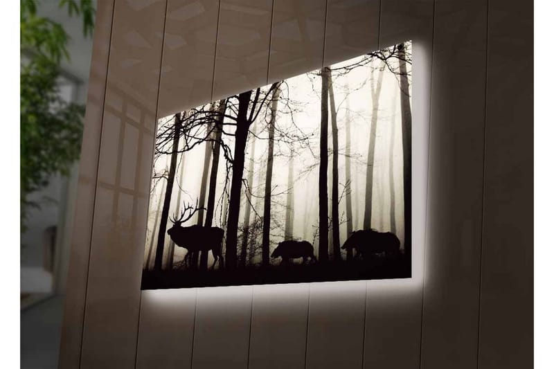 Canvastavla med LED-belysning - Silhuetter av hjort och vildsvin i en dimmig skogsmiljö - Svart / Grå / Vit - Inredning & dekor - Tavlor & konst - Canvastavla