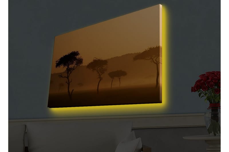Canvastavla med LED-belysning - Silhuetter av träd i en dimmig, gyllene landskapsscen - Guld / Svart - Inredning & dekor - Tavlor & konst - Canvastavla