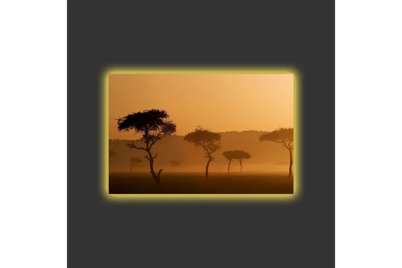 Canvastavla med LED-belysning - Silhuetter av träd i en dimmig, gyllene landskapsscen - Guld / Svart - Inredning & dekor - Tavlor & konst - Canvastavla