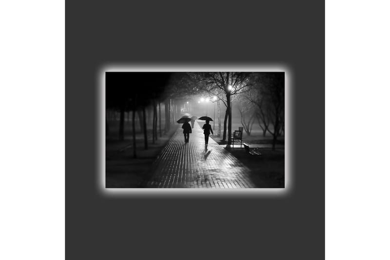 Canvastavla med LED-belysning - Silhuetter av två personer med paraplyer på en regnig gata - Svart / Grå - Inredning & dekor - Tavlor & konst - Canvastavla