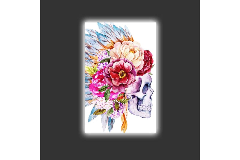 Canvastavla med LED-belysning - Skalle dekorerad med färgglada blommor och fjädrar - Lila / Rosa / Grönt - Inredning & dekor - Tavlor & konst - Canvastavla