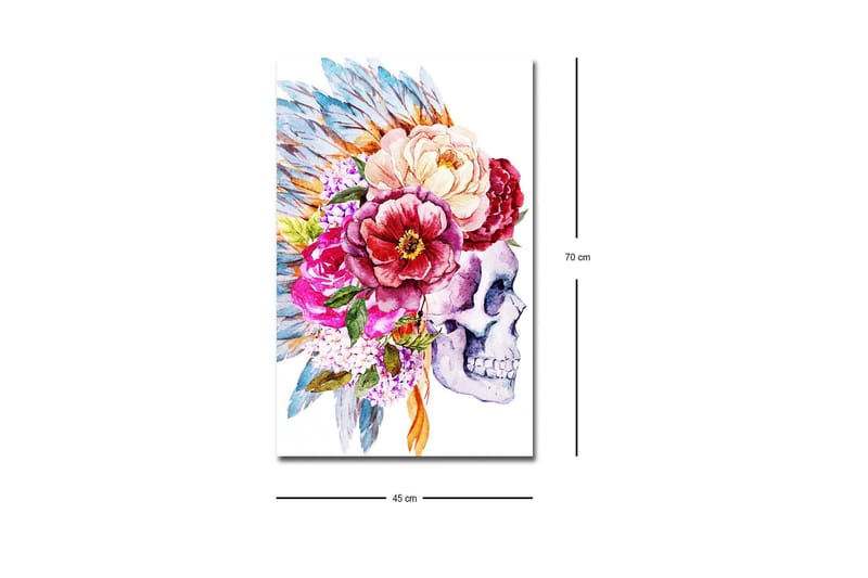 Canvastavla med LED-belysning - Skalle dekorerad med färgglada blommor och fjädrar - Lila / Rosa / Grönt - Inredning & dekor - Tavlor & konst - Canvastavla