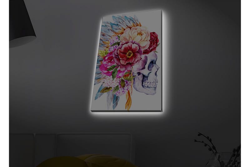 Canvastavla med LED-belysning - Skalle dekorerad med färgglada blommor och fjädrar - Lila / Rosa / Grönt - Inredning & dekor - Tavlor & konst - Canvastavla