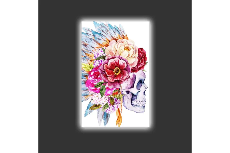 Canvastavla med LED-belysning - Skalle dekorerad med färgglada blommor och fjädrar - Lila / Rosa / Grönt - Inredning & dekor - Tavlor & konst - Canvastavla
