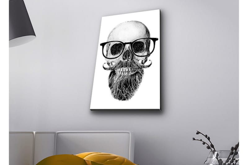 Canvastavla med LED-belysning - Skalle med glasögon och mustasch, Svart / Grå / Vit