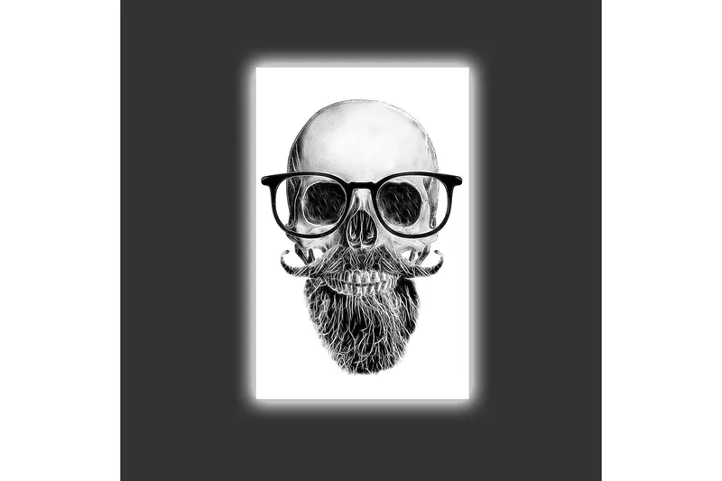 Canvastavla med LED-belysning - Skalle med glasögon och mustasch - Svart / Grå / Vit - Inredning & dekor - Tavlor & konst - Canvastavla