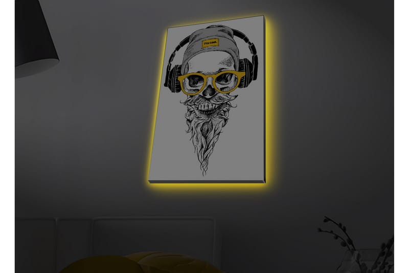 Canvastavla med LED-belysning - Skalle med hörlurar och glasögon i en modern stil - Svart / Gult / Grått - Inredning & dekor - Tavlor & konst - Canvastavla