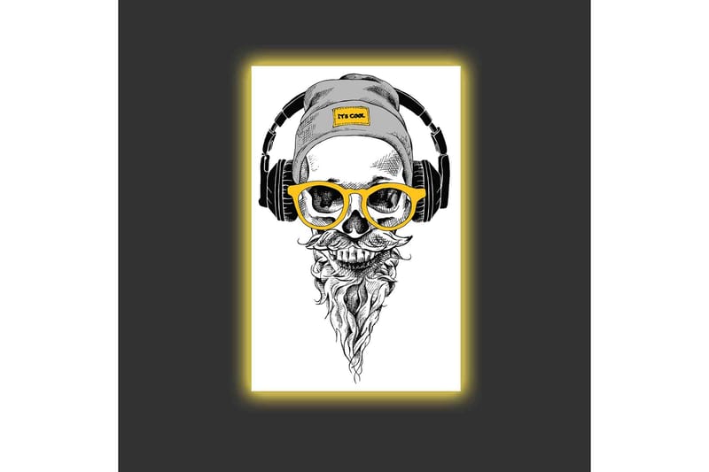 Canvastavla med LED-belysning - Skalle med hörlurar och glasögon i en modern stil - Svart / Gult / Grått - Inredning & dekor - Tavlor & konst - Canvastavla