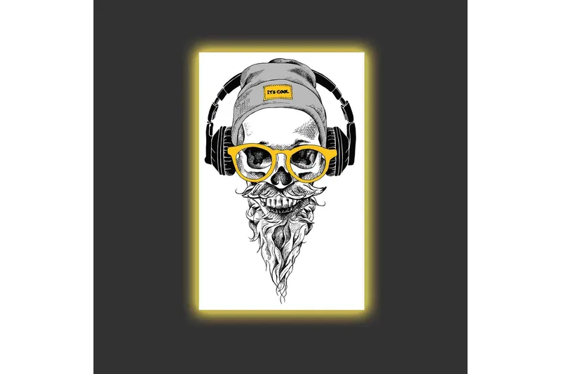 Canvastavla med LED-belysning - Skalle med hörlurar och glasögon i en modern stil - Svart / Gult / Grått - Inredning & dekor - Tavlor & konst - Canvastavla