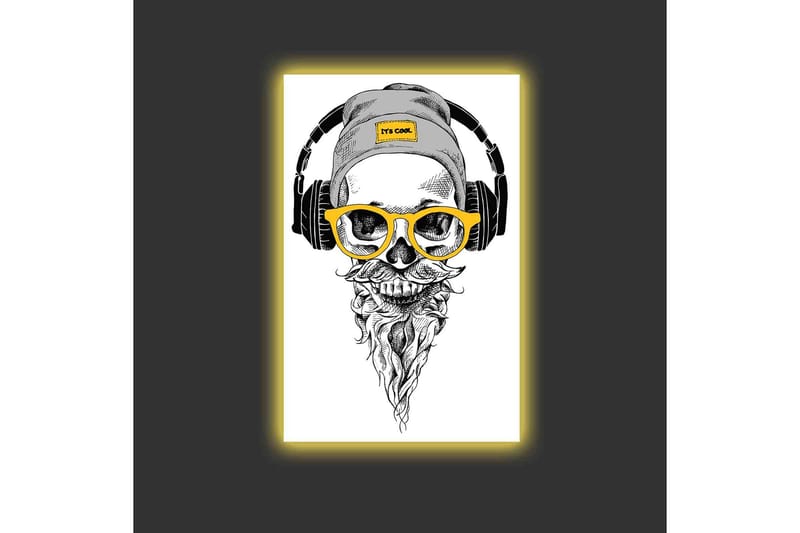 Canvastavla med LED-belysning - Skalle med hörlurar och glasögon i en modern stil - Svart / Gult / Grått - Inredning & dekor - Tavlor & konst - Canvastavla