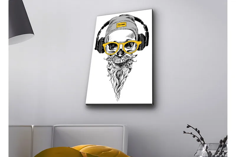 Canvastavla med LED-belysning - Skalle med hörlurar och glasögon i en modern stil - Svart / Gult / Grått - Inredning & dekor - Tavlor & konst - Canvastavla