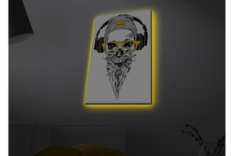 Canvastavla med LED-belysning - Skalle med hörlurar och glasögon i en modern stil - Svart / Gult / Grått - Inredning & dekor - Tavlor & konst - Canvastavla