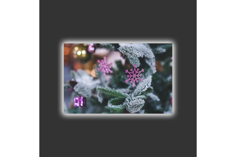 Canvastavla med LED-belysning - Snöflingor på en grön gran med juldekorationer - Grön / Vit / Rosa - Inredning & dekor - Tavlor & konst - Canvastavla