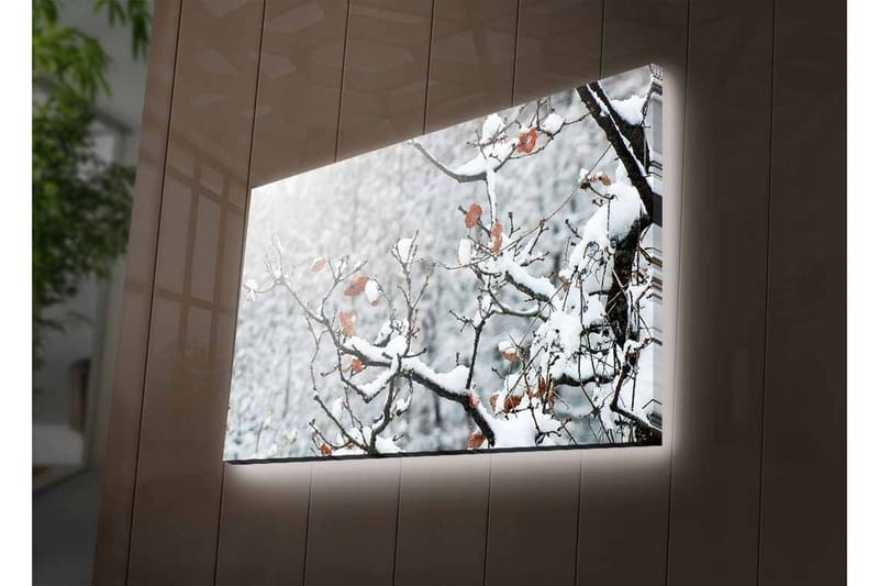 Canvastavla med LED-belysning - Snöklädda grenar med bruna löv - Vitt / Brunt / Grått - Inredning & dekor - Tavlor & konst - Canvastavla