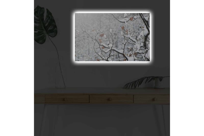Canvastavla med LED-belysning - Snöklädda grenar med bruna löv - Vitt / Brunt / Grått - Inredning & dekor - Tavlor & konst - Canvastavla