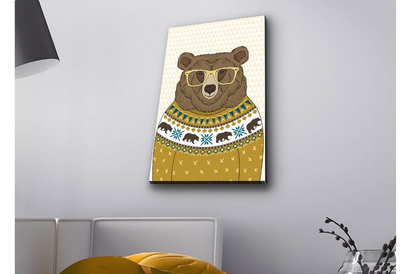 Canvastavla med LED-belysning - Snygg björn med glasögon i en mönstrad tröja - Brun / Gul / Blå - Inredning & dekor - Tavlor & konst - Canvastavla