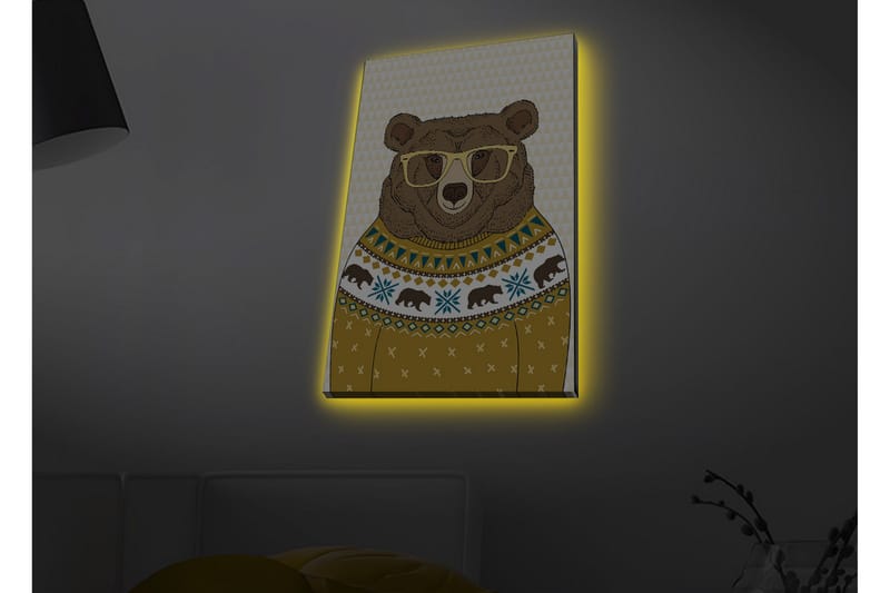Canvastavla med LED-belysning - Snygg björn med glasögon i en mönstrad tröja - Brun / Gul / Blå - Inredning & dekor - Tavlor & konst - Canvastavla