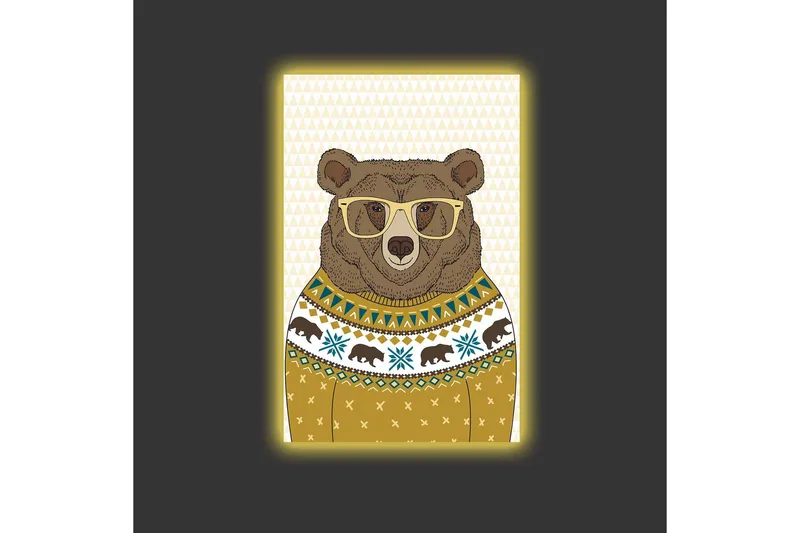 Canvastavla med LED-belysning - Snygg björn med glasögon i en mönstrad tröja - Brun / Gul / Blå - Inredning & dekor - Tavlor & konst - Canvastavla