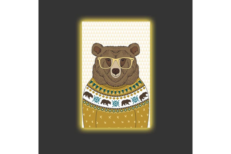 Canvastavla med LED-belysning - Snygg björn med glasögon i en mönstrad tröja - Brun / Gul / Blå - Inredning & dekor - Tavlor & konst - Canvastavla