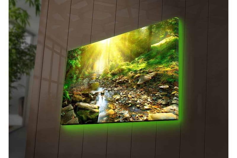 Canvastavla med LED-belysning - Solbelyst skog med en porlande bäck - Grön / Gul / Brun - Inredning & dekor - Tavlor & konst - Canvastavla
