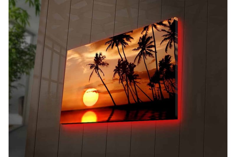 Canvastavla med LED-belysning - Solnedgång med palmer vid horisonten - Orange / Svart / Guld - Inredning & dekor - Tavlor & konst - Canvastavla