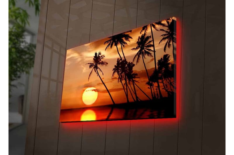 Canvastavla med LED-belysning - Solnedgång med palmer vid horisonten - Orange / Svart / Guld - Inredning & dekor - Tavlor & konst - Canvastavla