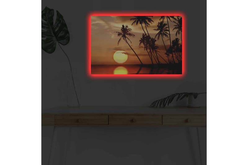 Canvastavla med LED-belysning - Solnedgång med palmer vid horisonten - Orange / Svart / Guld - Inredning & dekor - Tavlor & konst - Canvastavla