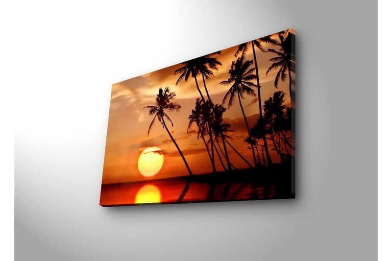 Canvastavla med LED-belysning - Solnedgång med palmer vid horisonten - Orange / Svart / Guld - Inredning & dekor - Tavlor & konst - Canvastavla