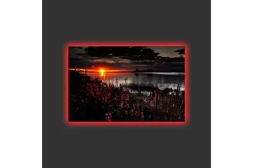 Canvastavla med LED-belysning - Solnedgång över en spegelblanka sjö med blommande växter i förgrunden - Mörkrosa / Orange / Svart - Inredning & dekor - Tavlor & konst - Canvastavla