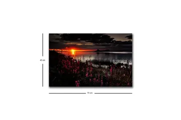 Canvastavla med LED-belysning - Solnedgång över en spegelblanka sjö med blommande växter i förgrunden - Mörkrosa / Orange / Svart - Inredning & dekor - Tavlor & konst - Canvastavla