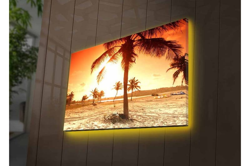 Canvastavla med LED-belysning - Solnedgång över en strand med palmer - Orange / Guld / Beige - Inredning & dekor - Tavlor & konst - Canvastavla