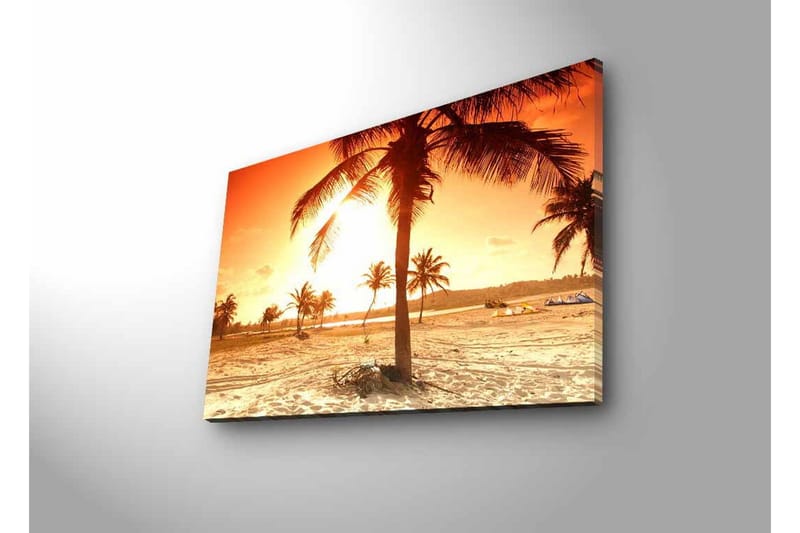 Canvastavla med LED-belysning - Solnedgång över en strand med palmer - Orange / Guld / Beige - Inredning & dekor - Tavlor & konst - Canvastavla