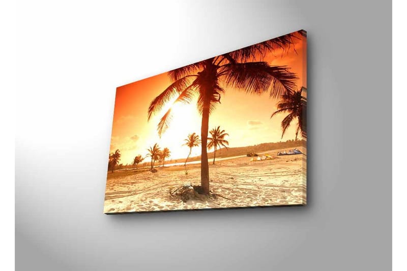 Canvastavla med LED-belysning - Solnedgång över en strand med palmer - Orange / Guld / Beige - Inredning & dekor - Tavlor & konst - Canvastavla